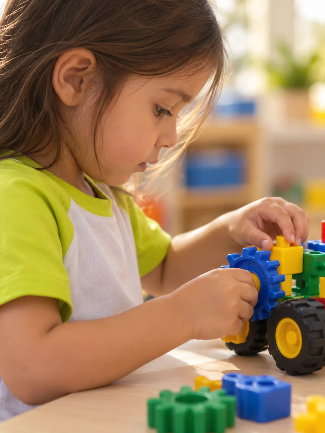 Cena ilustrativa: menina montando um brinquedo com rodas e engrenagens